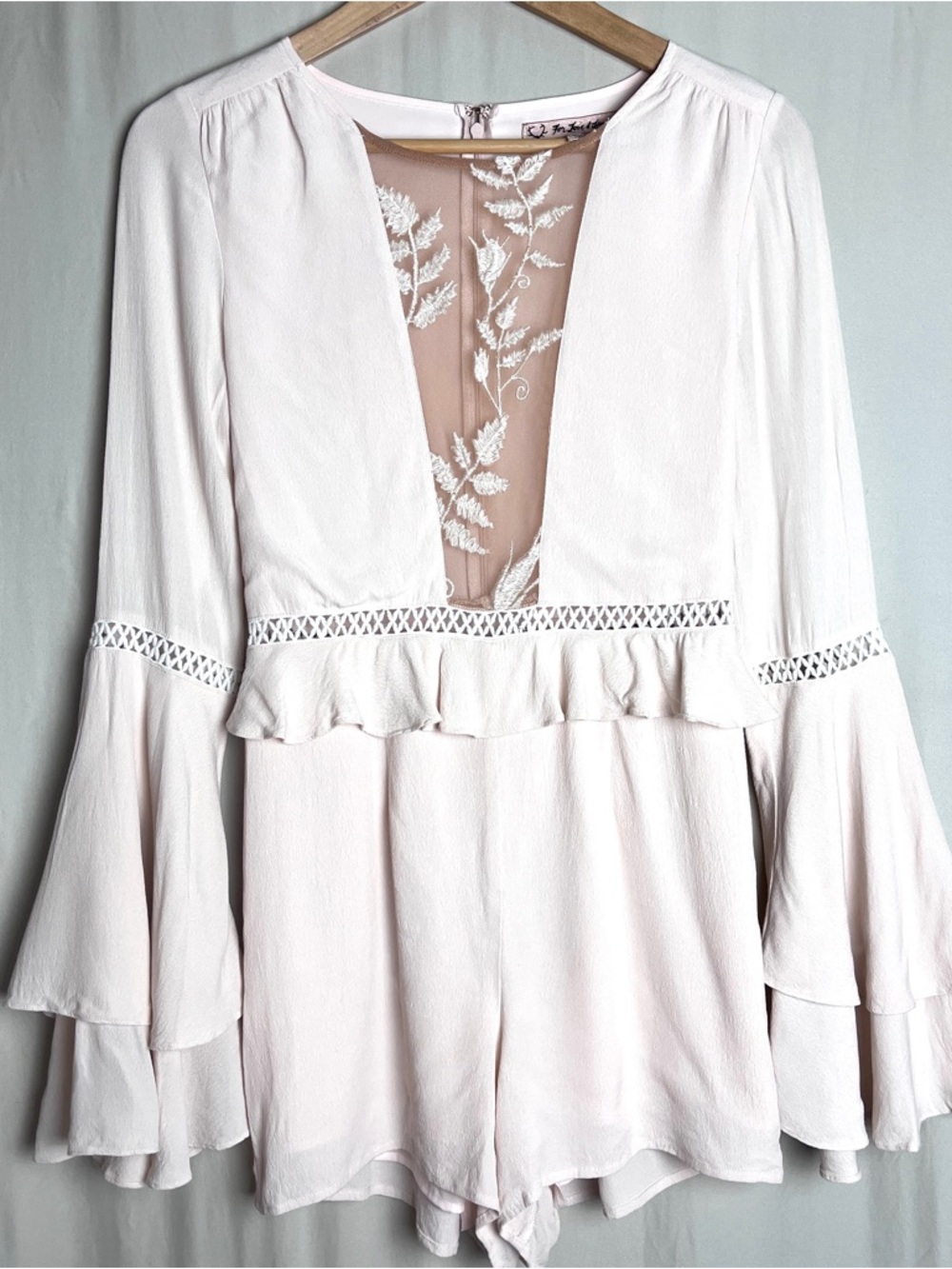 For Love & Lemons Blush Pink Lace Panel Ruffle Romper Bell Sleeve XS Romantic